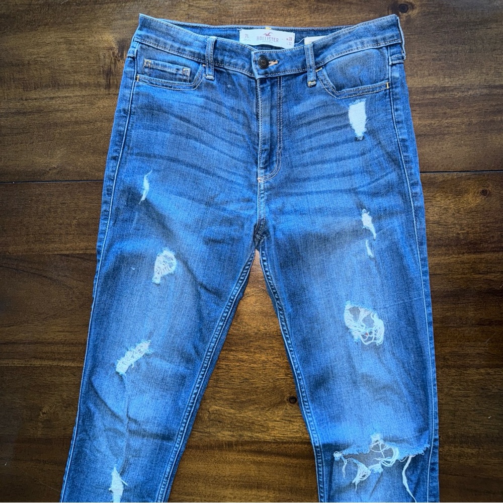 Hollister High Rise Super Skinny Distressed Blue Denim Jeans Long 7 W 28 L 32 - Picture 2 of 9